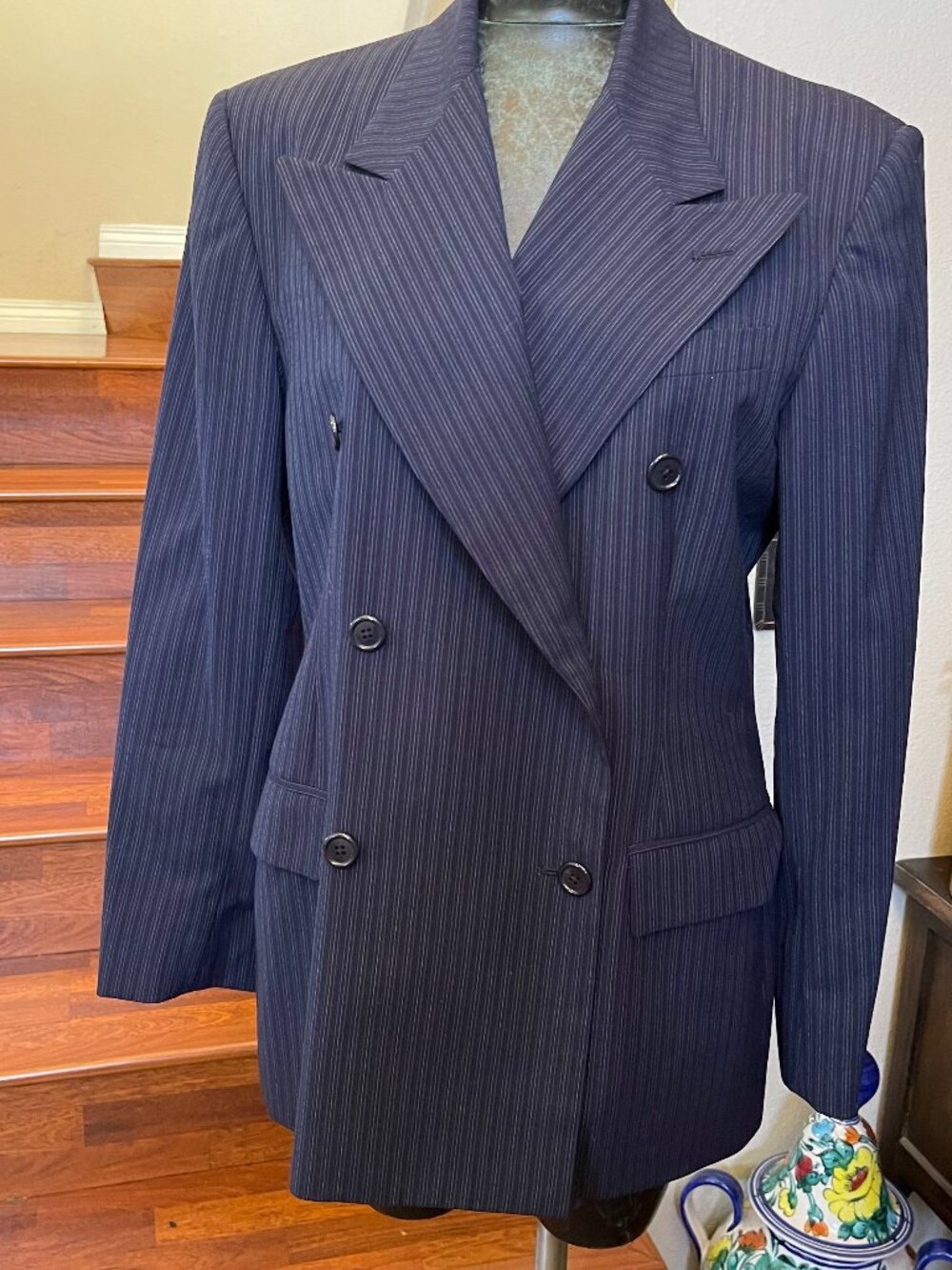 Ralph Lauren Blue Label Women's 14 Wool Navy Pinstripe VTG DBL Breasted Blazer